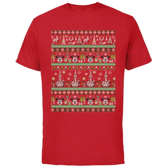 Disney Mickey & Minnie Winter Scene Ugly Christmas Sweater - Short Sleeve Cotton T-Shirt for Adults - Customized-Red