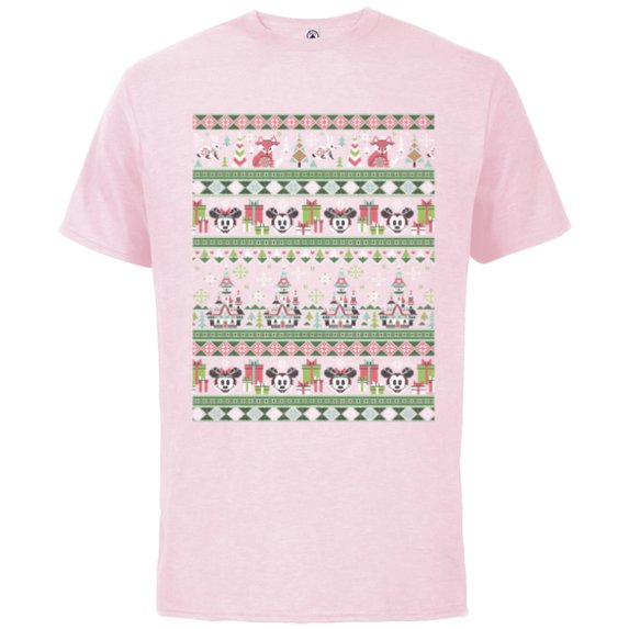 Disney Mickey & Minnie Winter Scene Ugly Christmas Sweater - Short Sleeve Cotton T-Shirt for Adults - Customized-Soft Pink