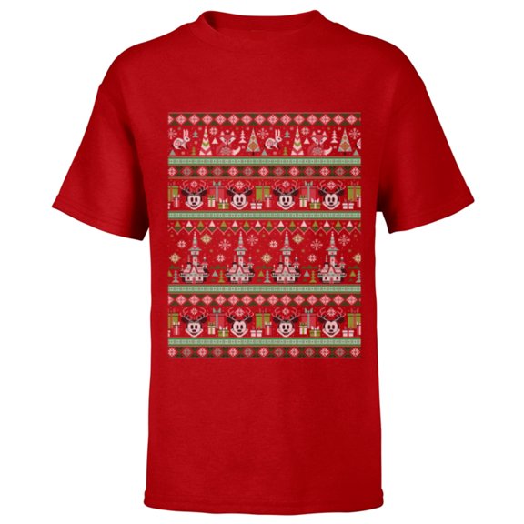 Disney Mickey & Minnie Winter Scene Ugly Christmas Sweater - Short Sleeve T-Shirt for Kids - Customized-Red
