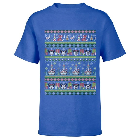 Disney Mickey & Minnie Winter Scene Ugly Christmas Sweater - Short Sleeve T-Shirt for Kids - Customized-Royal
