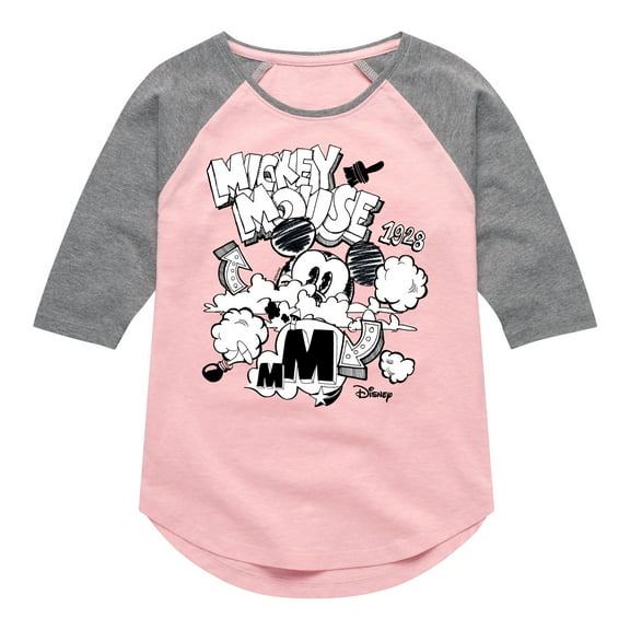 Disney - Mickey Mouse - 1928 - Doodle in the Clouds - Toddler & Youth Girls Raglan Graphic T-Shirt