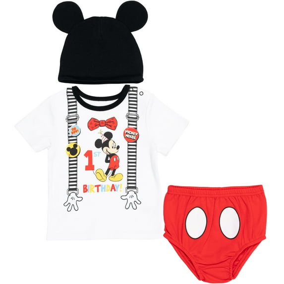 Disney Mickey Mouse 1st Birthday Infant Baby Boys Cosplay Graphic T-Shirt Diaper Cover and Hat 3 Piece Outfit Set White/Red 12 Months
