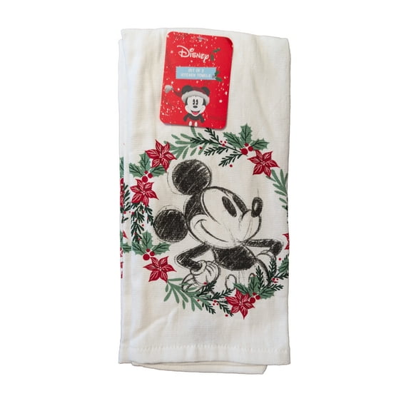 Disney Mickey Mouse 2 Pack Kitchen Towels 100% Cotton Christmas Wreath