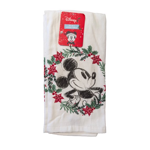 Disney Mickey Mouse 2 Pack Kitchen Towels 100% Cotton Christmas Wreath