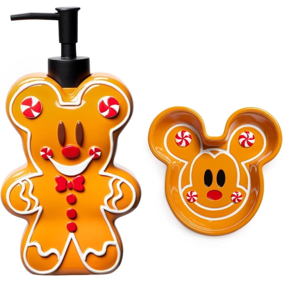 Disney Mickey Mouse 2 Piece Gingerbread Cookie Lotion Pump & Soap Dish Set - Seasonal Bath Dcor