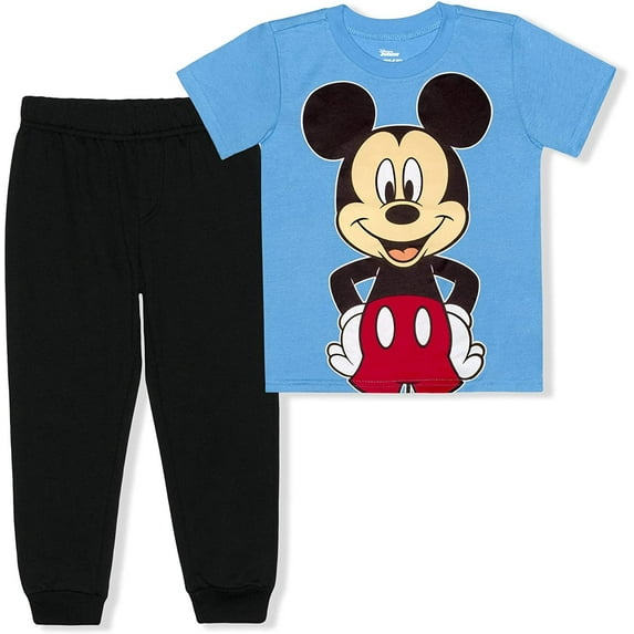 Disney Mickey Mouse 2 Piece Jogger Set for Boys, Short Sleeve Shirt and Sports Pants, Size 2T Blue