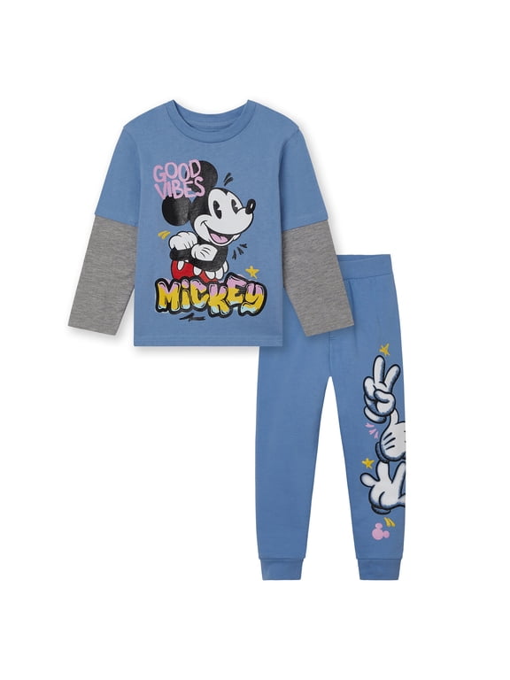 Mickey Mouse 2fer T-Shirt and Fleece Jogger Pants Outfit Set Airbrush Toddler to Big Kid