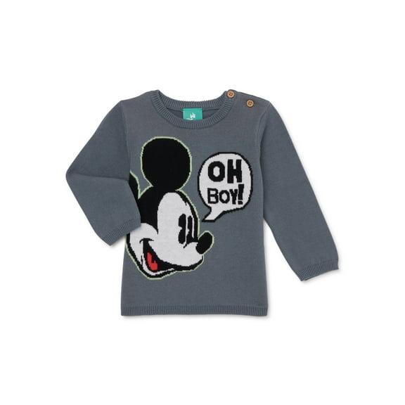 Disney Mickey Mouse Baby Boy Jacquard Knit Sweater with Buttons at Shoulder, Sizes 0/3M-24M