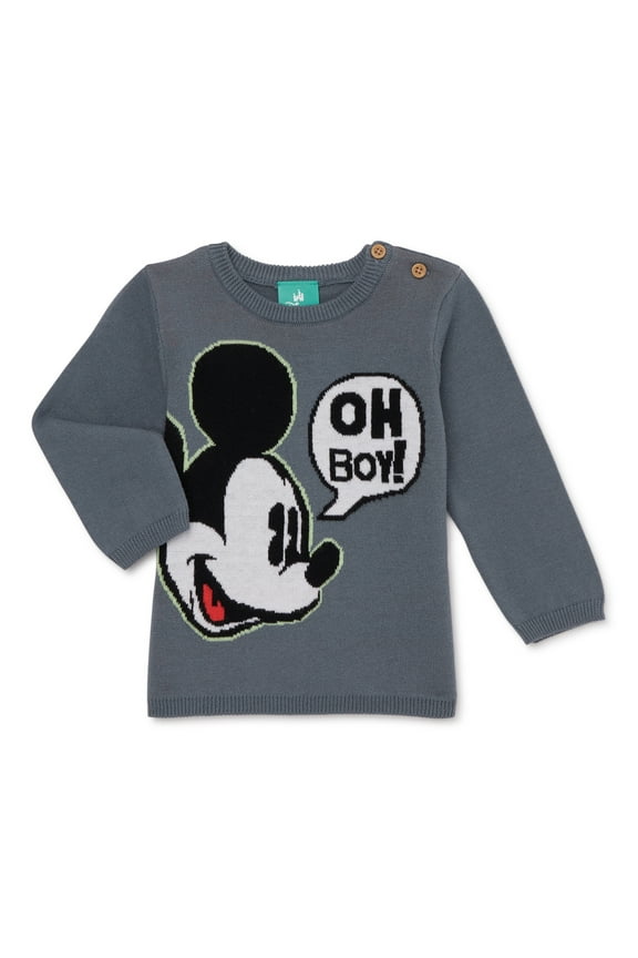 Disney Mickey Mouse Baby Boy Jacquard Knit Sweater with Buttons at Shoulder, Sizes 0/3M-24M