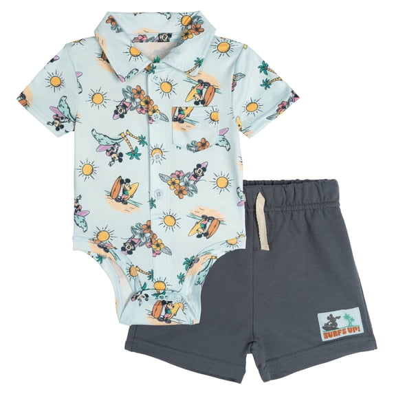 Disney Mickey Mouse Baby Boy or Girl Short Sleeve Button-Down Bodysuit and Shorts Set Light Blue/Grey Mickey Mouse