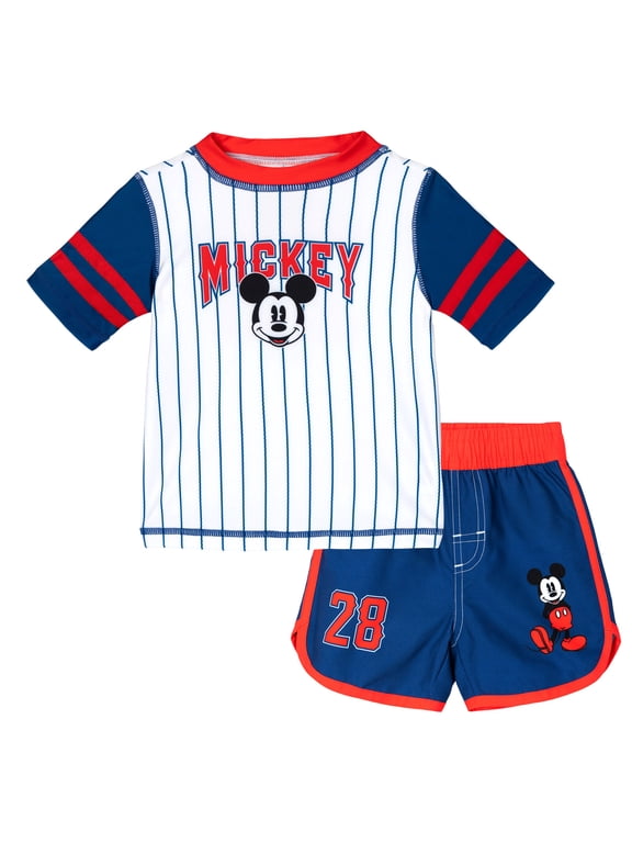 Mickey Mouse Baby Boys' Swimwear 2-Piece Rash Guard and Swim Trunks Set White Mickey Mouse