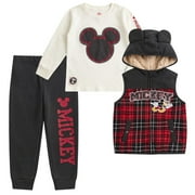 DISNEY Mickey Mouse Baby Sherpa Lined Hooded Vest, Pants, and Sweatshirt Set (Boys), 3 Piece Set, Sizes 12M-4T