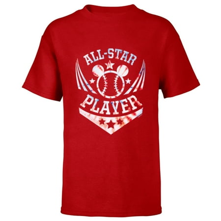 Disney Mickey Mouse Baseball All-Star Player Sports Tie-Dye - Short Sleeve T-Shirt for Kids - Customized-Red