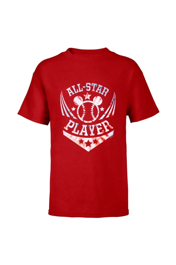 Mickey Mouse Baseball All-Star Player Sports Tie-Dye - Short Sleeve T-Shirt for Kids - Customized-Red