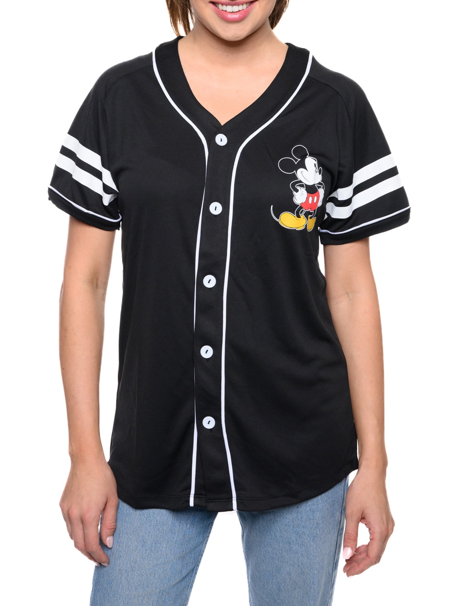 Disney Mickey Mouse Baseball Jersey Black Button Down Shirt Women s Walmart