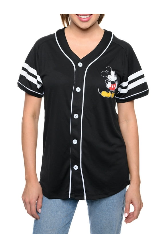 Mickey Mouse Baseball Jersey Black Button Down Shirt Women's