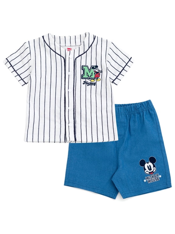 Mickey Mouse Baseball Jersey V-neck Button Down Shirt and Denim Shorts Outfit Set Newborn to Little Kid