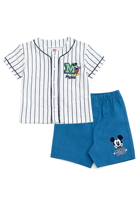 Mickey Mouse Baseball Jersey V-neck Button Down Shirt and Denim Shorts Outfit Set Newborn to Little Kid