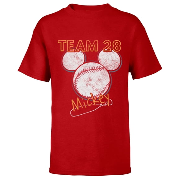Disney Mickey Mouse Baseball Team 28 Sports Distressed - Short Sleeve T-Shirt for Kids - Customized-Red