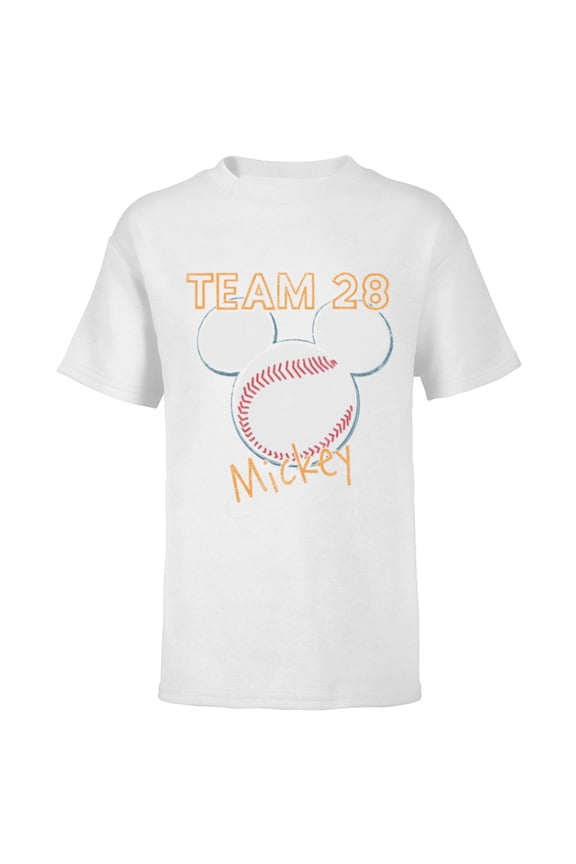 Mickey Mouse Baseball Team 28 Sports Distressed - Short Sleeve T-Shirt for Kids - Customized-White