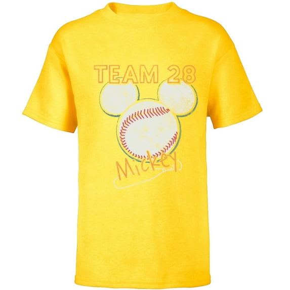 Disney Mickey Mouse Baseball Team 28 Sports Distressed - Short Sleeve T-Shirt for Kids - Customized-Yellow