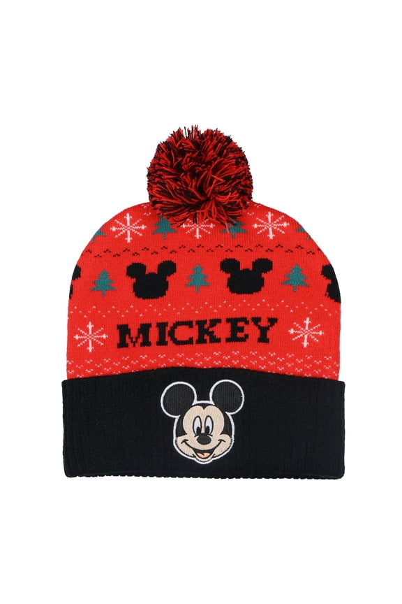 Disney Mickey Mouse Beanie Fair Isle Knit Design Cuffed Winter Hat with Pom