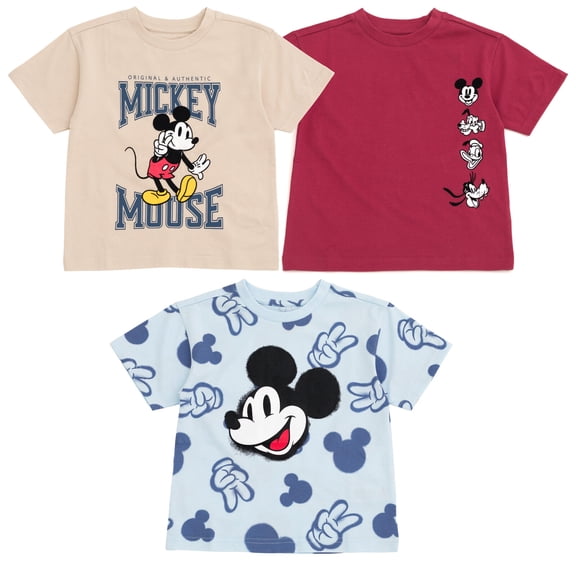 Disney Mickey Mouse Big Boys' 3-Pack Short Sleeve T-Shirts Beige Burgundy Blue