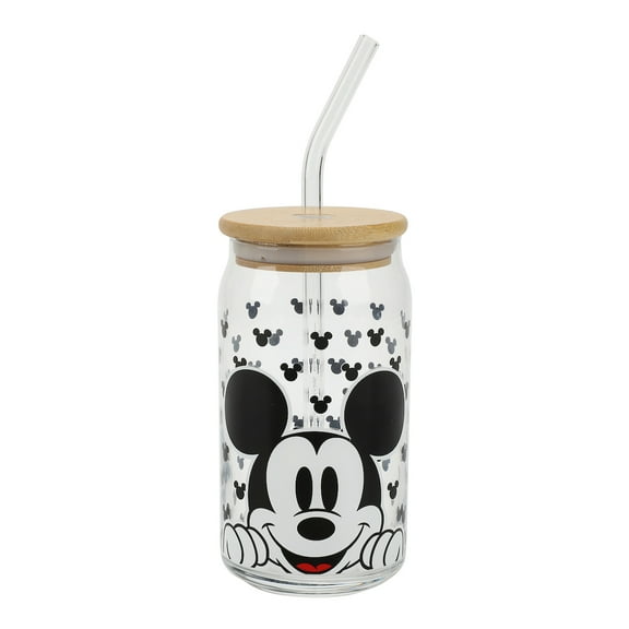 Disney Mickey Mouse Big Face 15 Oz Glass Bottle With Straw & Lid