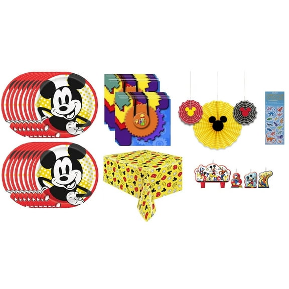 Disney Mickey Mouse Birthday Party Supplies Bundle Includes 16 Paper Plates 9", 16 Napkins 2-Ply 6.5", 1 Table Cover, 3 Hanging Fans, 4 Piece Candle Set, 1 Dinosaur Sticker Sheet