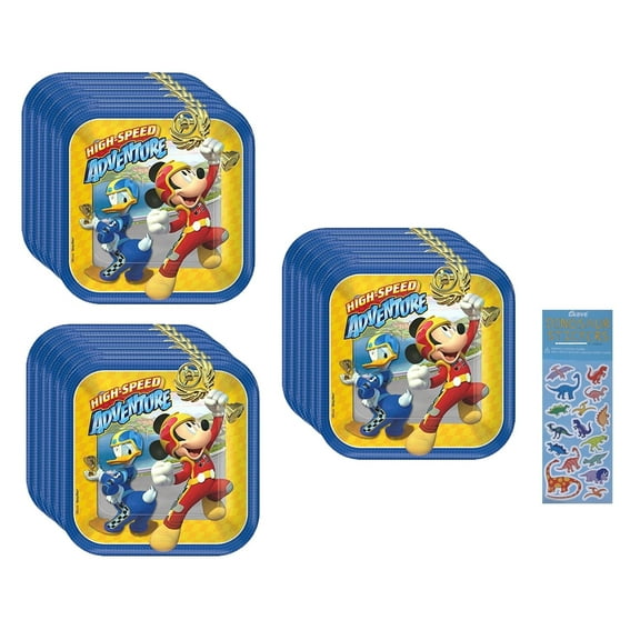 Disney Mickey Mouse Birthday Party Supplies Bundle includes 24 Dessert Cake Paper Plates 7" and 1 Dinosaur Sticker Sheet