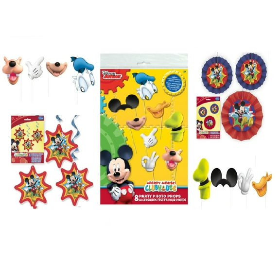 Disney Mickey Mouse Birthday Party Supplies Bundle includes 3 Hanging Decoration Fans, 3 Hanging Swirl Decoration Cutouts, 8 Party Photo Props