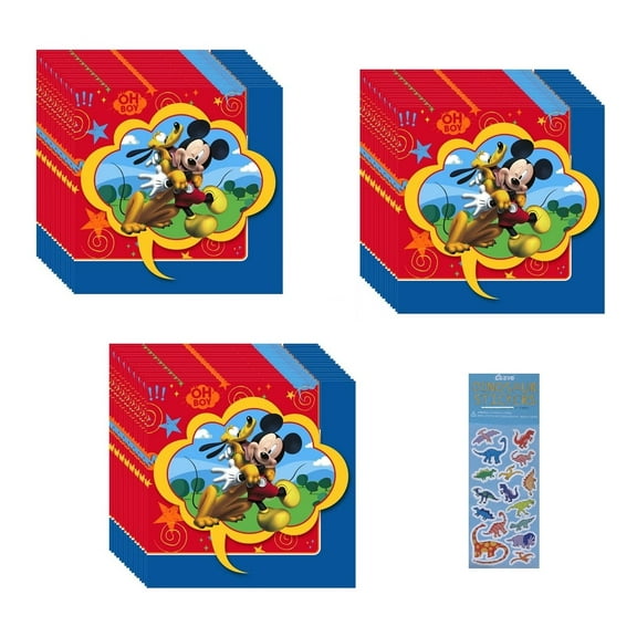 Disney Mickey Mouse Birthday Party Supplies Bundle includes 48 Beverage Cake Paper Napkins 2-Ply 5" and 1 Dinosaur Sticker Sheet