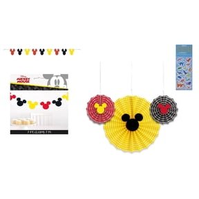 Disney Mickey Mouse Birthday Party Supplies Bundle includes 7 feet Garland Banner, 3 Hanging Decorative Fans Party Decoration, 1 Dinosaur Sticker Sheet