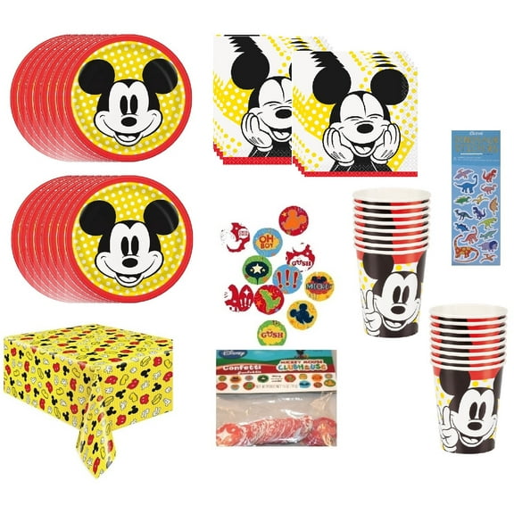 Disney Mickey Mouse Birthday Party Supplies Bundle includes16 Dessert Cake Paper Plates 7", 16 Napkins 5", 16 Paper Cups, 1 Plastic Table Cover, 1 Confetti Bag, 1 Dinosaur Sticker Sheet