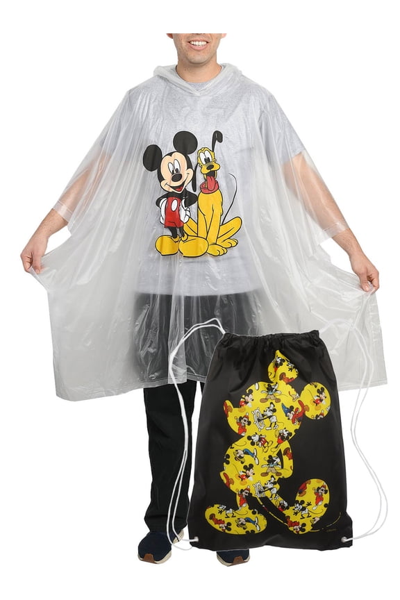 Mickey Mouse Black 18" Drawstring Bag w/ Mickey Pluto Rain Poncho Set