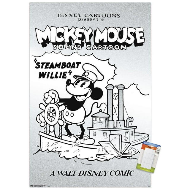 Disney Mickey Mouse - Black and White Steamboat Willie Wall Poster, 14.725" x 22.375"