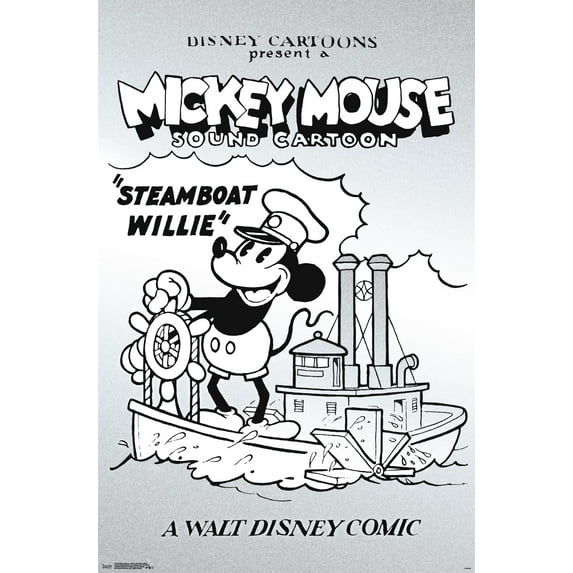 Disney Mickey Mouse - Black and White Steamboat Willie Wall Poster, 22.375" x 34"