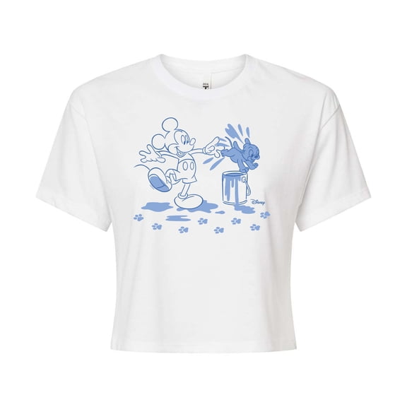 Disney - Mickey Mouse - Blue Pup Prints & Outline - Juniors Cropped Cotton Blend T-Shirt
