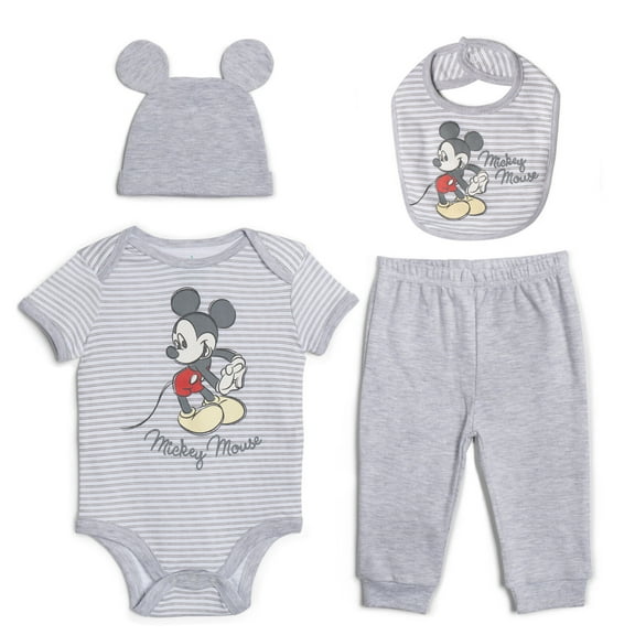 Disney Mickey Mouse Bodysuit, Pants, Bib and Hat 4 Piece Outfit Set Newborn to Infant