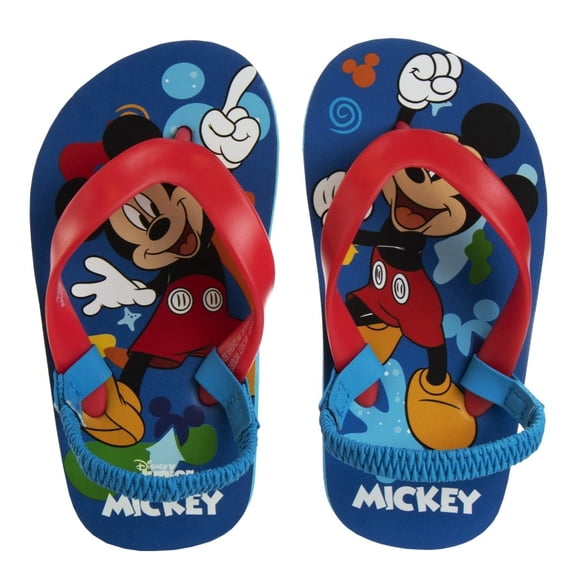 Disney Mickey Mouse Boy Toddler Flip Flops with Back Strap, Blue Red, 11-12