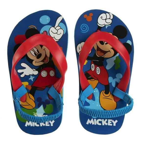 Disney Mickey Mouse Boy Toddler Flip Flops with Back Strap, Blue Red, 11, 12