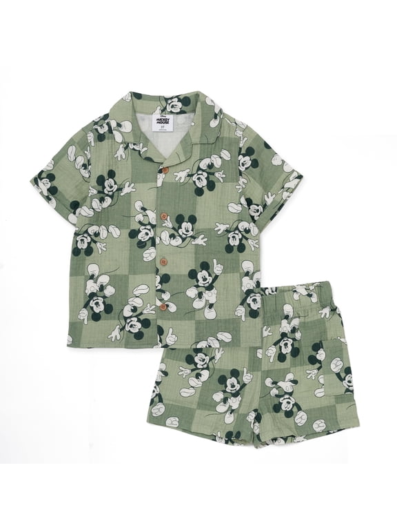 Mickey Mouse Boys Cotton Button Down Shirt and Shorts Set, Summer Outfit for Toddler and Little Kids (Olive, 3T)