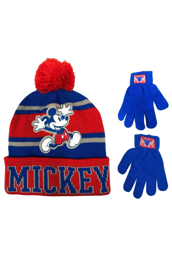 Mickey Mouse Boys Winter Hat and Gloves Cold Weather Set, Age 4-7