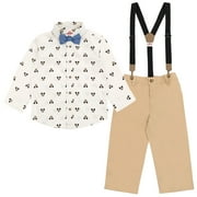 Disney Mickey Mouse Button Down Shirt Twill Pants Suspenders and Bow-Tie 4 Piece Outfit Set Infant to Big Kid