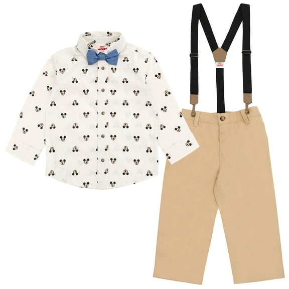 Disney Mickey Mouse Button Down Shirt Twill Pants Suspenders and Bow-Tie 4 Piece Outfit Set Infant to Big Kid