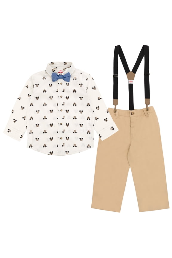 Mickey Mouse Button Down Shirt Twill Pants Suspenders and Bow-Tie 4 Piece Outfit Set Infant to Big Kid
