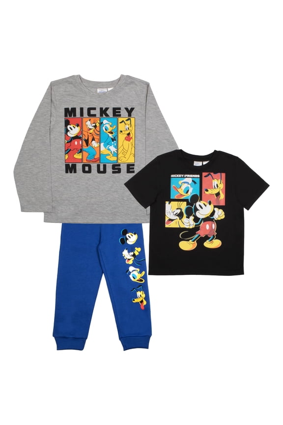 Mickey Mouse Cartoon Group Boys Long Sleeve T-Shirt Sweatpants 3-Piece for Kids and Toddlers (Size 4-8)