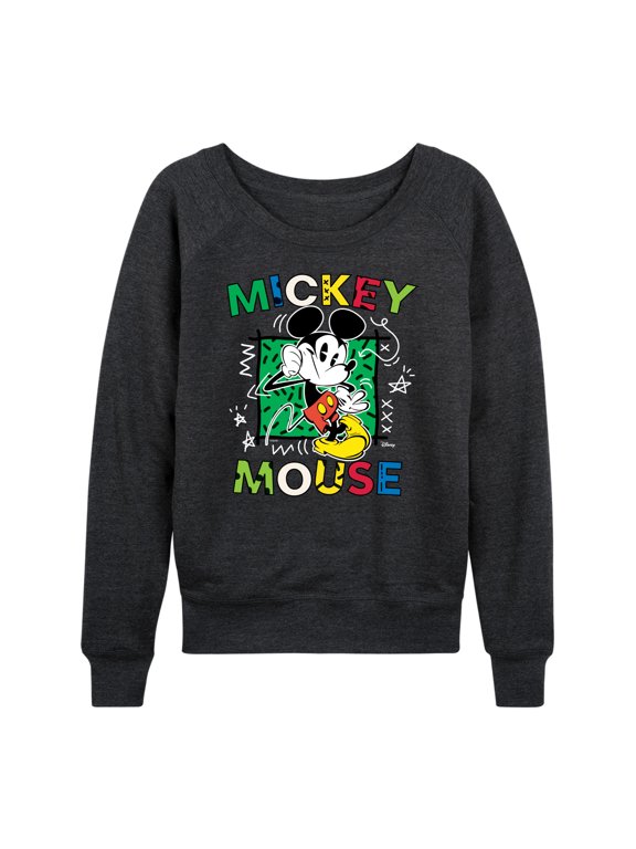- Mickey Mouse Cartoon Pop Women's Lightweight French Terry Wide Neck Long Sleeve Graphic Shirt
