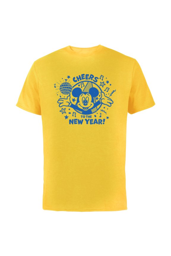 Mickey Mouse Cheers to the New Year Retro Distressed - Short Sleeve Cotton T-Shirt for Adults - Customized-Yellow