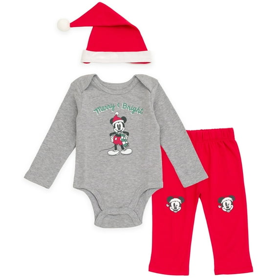 Disney Mickey Mouse Christmas Bodysuit, Pants and Velour Santa Hat 3 Piece Outfit Set Newborn to Infant